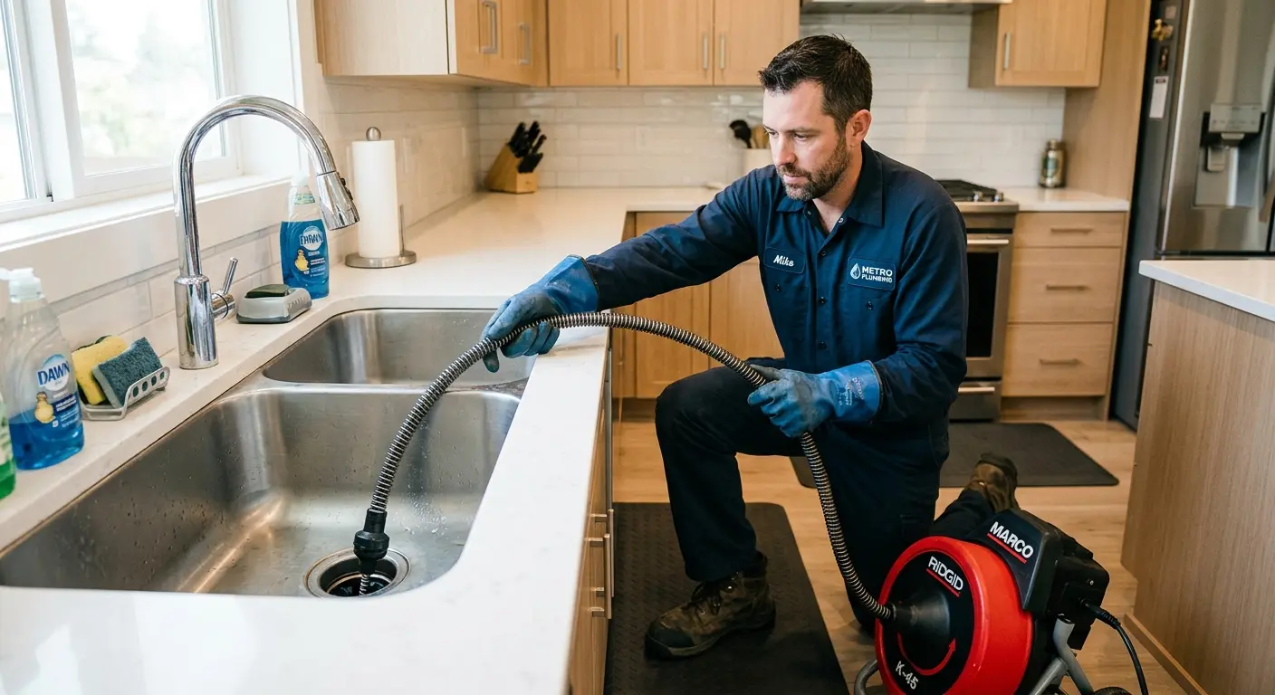 Drain cleaning technician using a motorized snake on a kitchen sink in Kearney