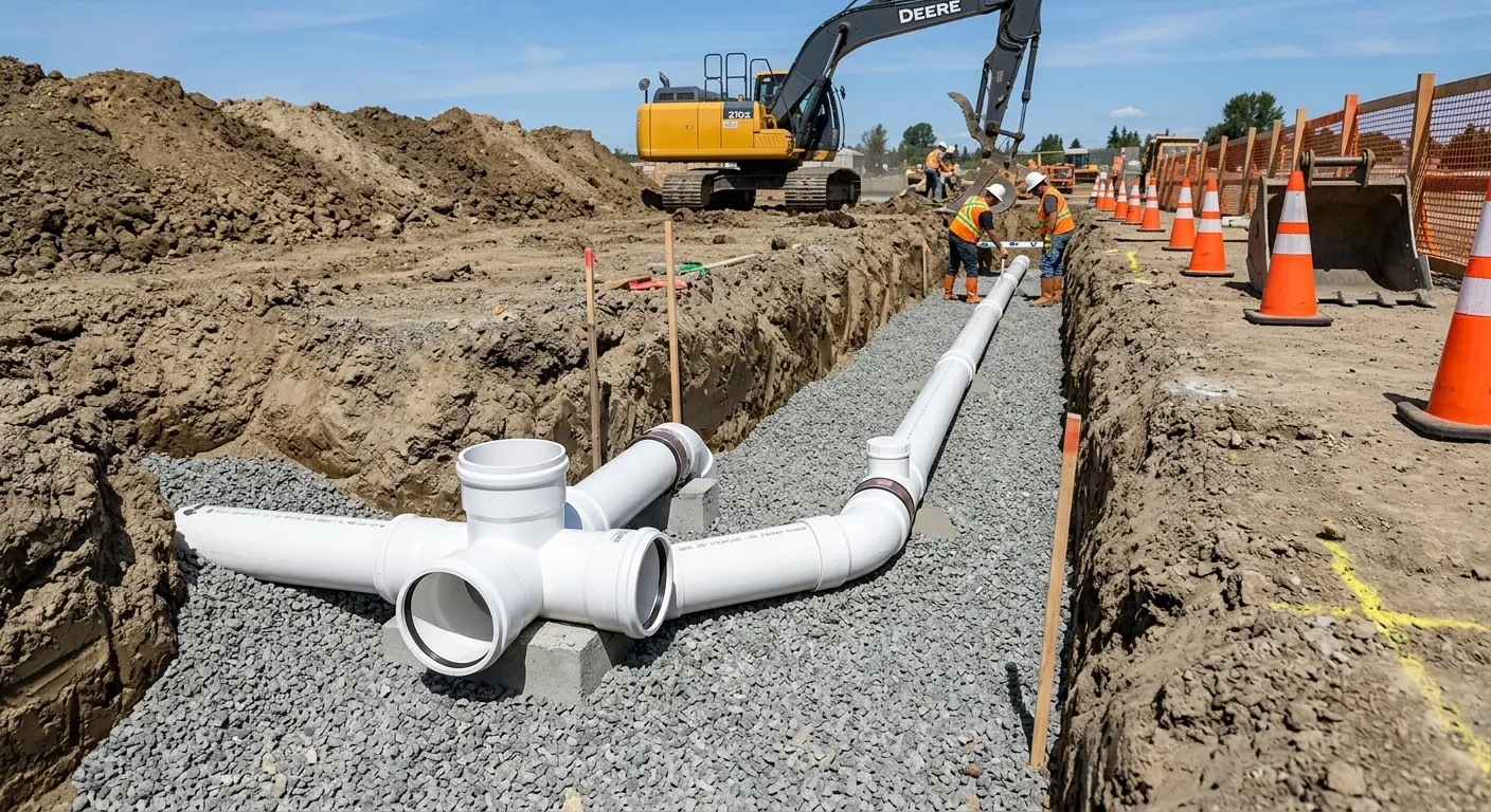 New PVC sewer pipe installation in open trench for Grease Trap Cleaning in Kearney