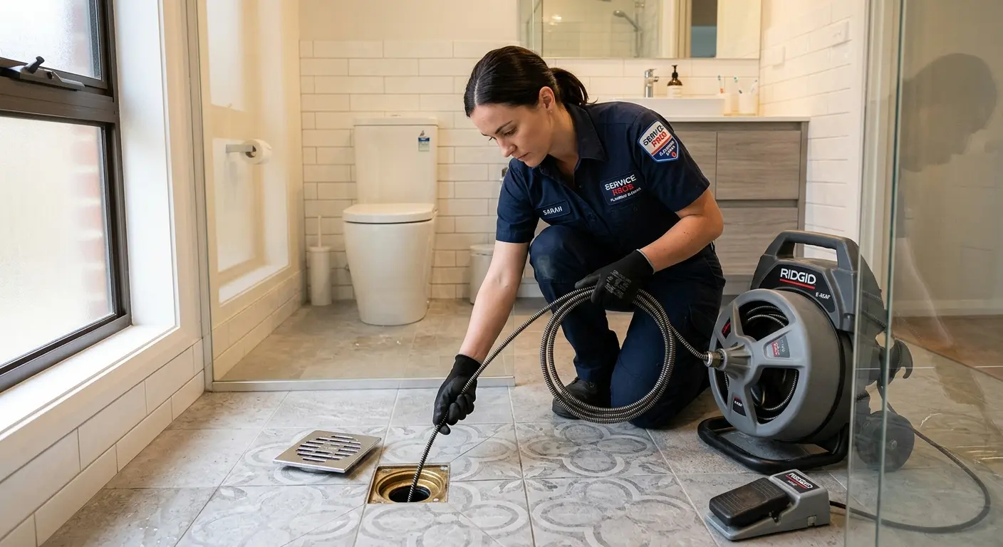 Technician clearing a bathroom floor drain for Clogged Drain Repair in Kearney